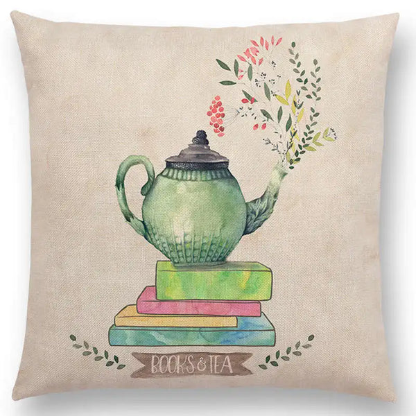 Floral Books & Tea Cushion Cover