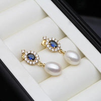 Blue Crystal Pearl Drop Gold Earrings
