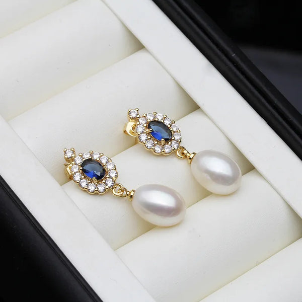 Blue Crystal Pearl Drop Gold Earrings