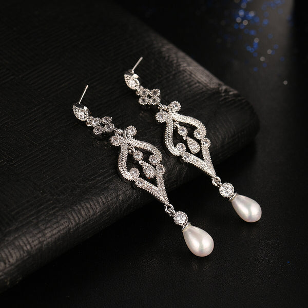 White Pearl & Silver Dangle Earrings